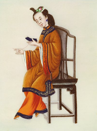 Une femme chinoise raccommodant, période Qianlong (1736-96) - Chinese School